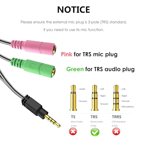 MillSO Headphone Mic Splitter, 3.5mm Headset Adapter (Microphone + Audio) 2 TRS Female to TRRS Male CTIA Stereo Jack Y Cable Compatible for Dual-Plug Gaming Headset to Xbox, PS4, Phone, Laptop, PC - Image 5