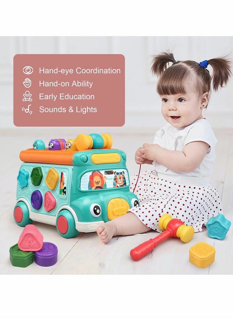 Cute Stone Push Pull Bus Toy, Baby Musical Learning Toys with Sound Light, Whack-a-Mole Game, Shape Matching, Gear, Toy Clock, Activity Bus Toy Early Education Gift for Toddler Boys Girls - Image 2