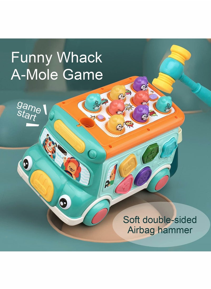 Cute Stone Push Pull Bus Toy, Baby Musical Learning Toys with Sound Light, Whack-a-Mole Game, Shape Matching, Gear, Toy Clock, Activity Bus Toy Early Education Gift for Toddler Boys Girls - Image 4