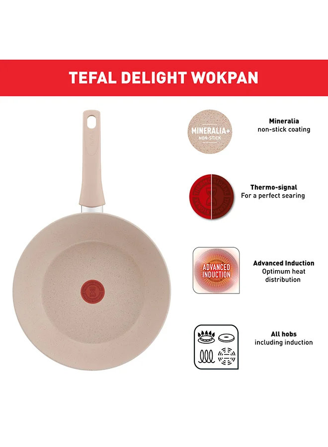 Tefal TEFAL Delight | Wok Pan 28 cm | Non-Stick Coating | Heat Indicator | 100% Recycled Aluminum Body | Made in France | 2 Years Warranty | G2931902 Beige - Sandstone