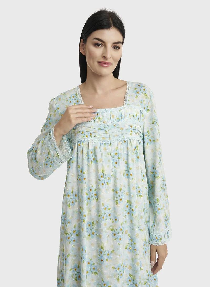 KASHKHA Long Sleeves Printed Rayon Nighty (CNH431)