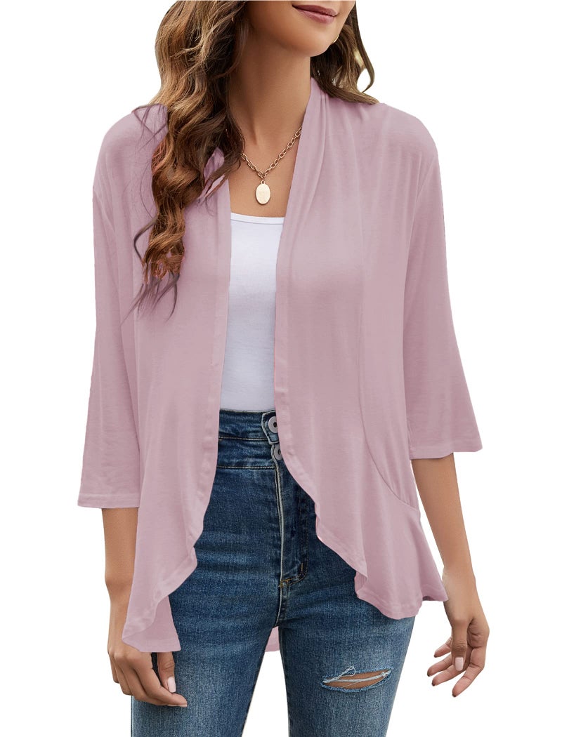 Yekaty Pink Cardigan for Women Open Fron 3/4 Sleeve Lightweight Summer Plus Size Cardigans - Image 1
