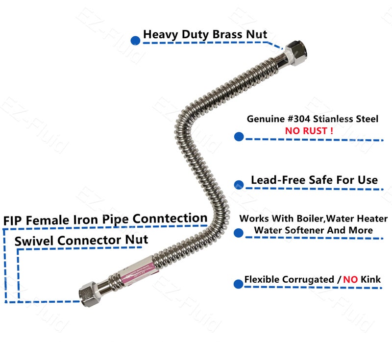 EZ-Fluid 24-Inch,1"FIP x 1" FIP x 24" Corrugated Flexible Stainless Steel Water Heater Connector Water Supply Line Full-Port For Female Iron Water Pipes Fitting,Water softener,Filter,Large Port (1Pc) - Image 2
