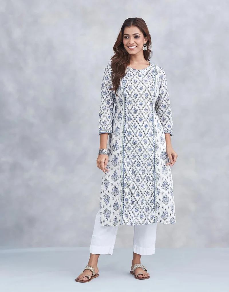 فاب انديا White Cotton Long Kurta