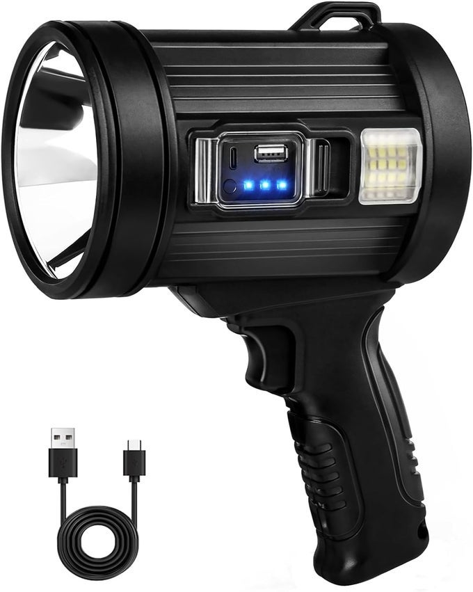 ALUMINUM ABS RECHARGEABLE SPOTLIGHT 100000 LUMENS LED SPOT LIGHTS HANDHELD LARGE FLASHLIGHT SUPER BRIGHT OUTDOOR SOLAR SPOTLIGHTS SEARCHLIGHT WITH COB LIGHT 6 MODES IPX5 WATERPROOF