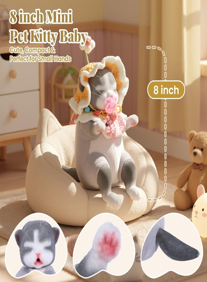 BABESIDE 8 Inch Stuffed Animals for Girls, Soft Cat Plush Toy Set Realistc Pets Alive Cute Asleep Kitty Stuffed Animal with Feeding Kit & Clothes Gift Box for Kids, Collectors, Accompany and Playtime - Image 3