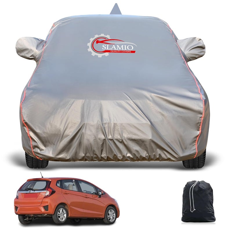 Slamio Heavy-Duty Car Body Cover for Honda's Jazz (2015-2025) | Waterproof, Dustproof, UV Protection, Custom Fit, Heavy Belt & Buckle with Mirror & Antenna Pocket | Dark Grey - Image 1