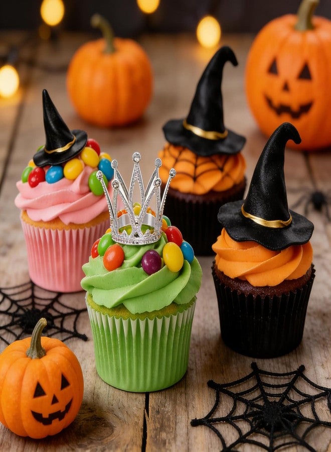 cnomg 24 Pcs Witch Hat and Crown Cake Topper Mini Wizard Hats Crown Cupcake Decorations for Party Birthday Cake Craft - Image 2