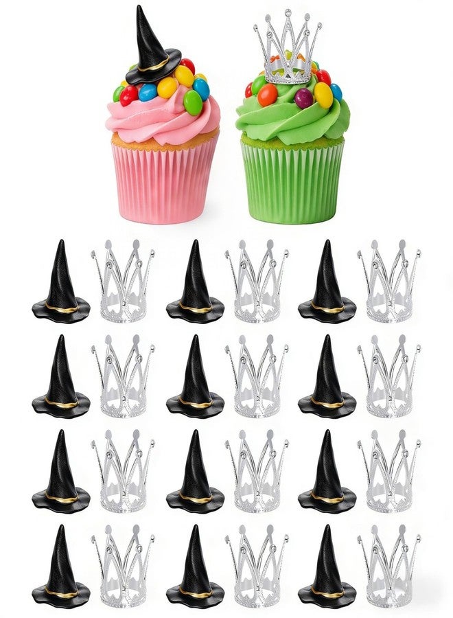 cnomg 24 Pcs Witch Hat and Crown Cake Topper Mini Wizard Hats Crown Cupcake Decorations for Party Birthday Cake Craft - Image 1