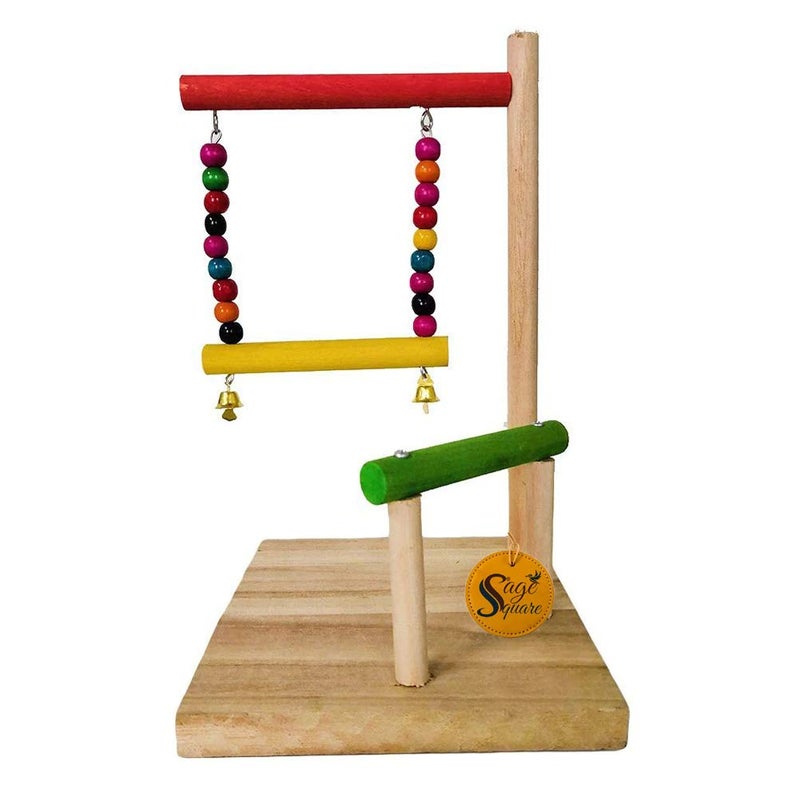 Sage Square Two Levels Training Gym Cum Exercise Stand with Natural Wood Playful Bird Stand/Bird Toy (10 Inches) - Image 3