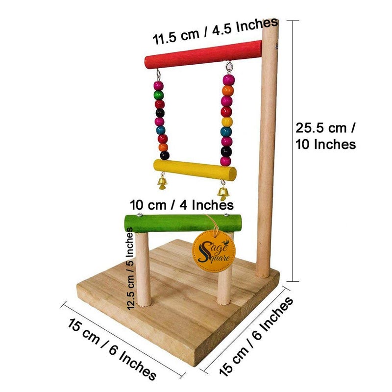 Sage Square Two Levels Training Gym Cum Exercise Stand with Natural Wood Playful Bird Stand/Bird Toy (10 Inches) - Image 2