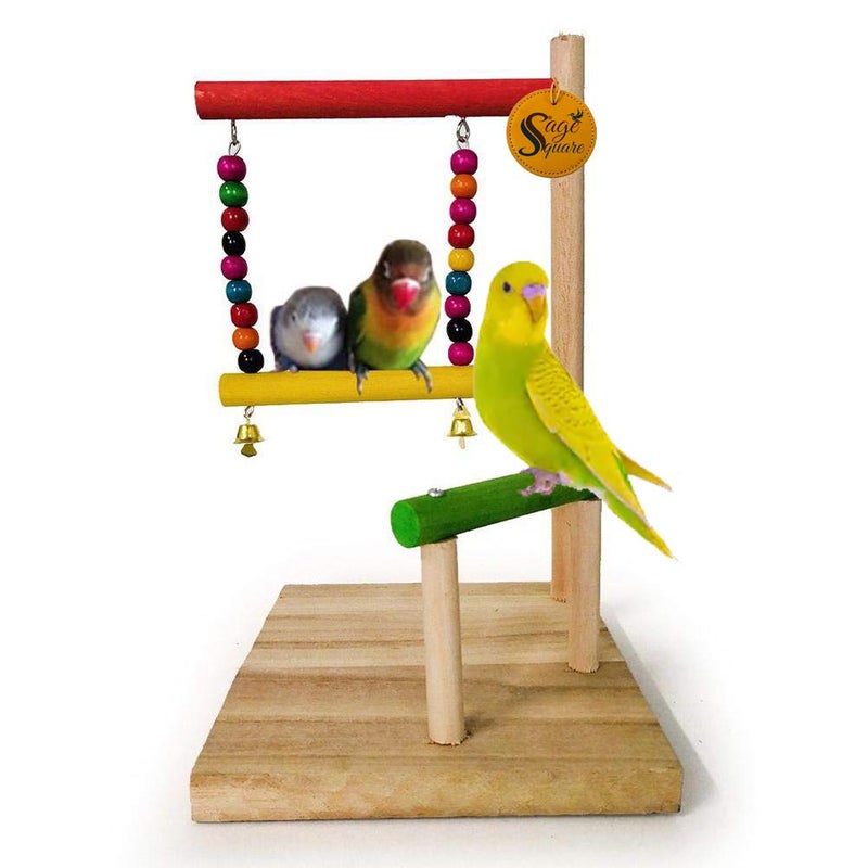 Sage Square Two Levels Training Gym Cum Exercise Stand with Natural Wood Playful Bird Stand/Bird Toy (10 Inches) - Image 1