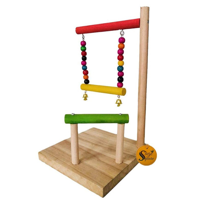Sage Square Two Levels Training Gym Cum Exercise Stand with Natural Wood Playful Bird Stand/Bird Toy (10 Inches) - Image 5