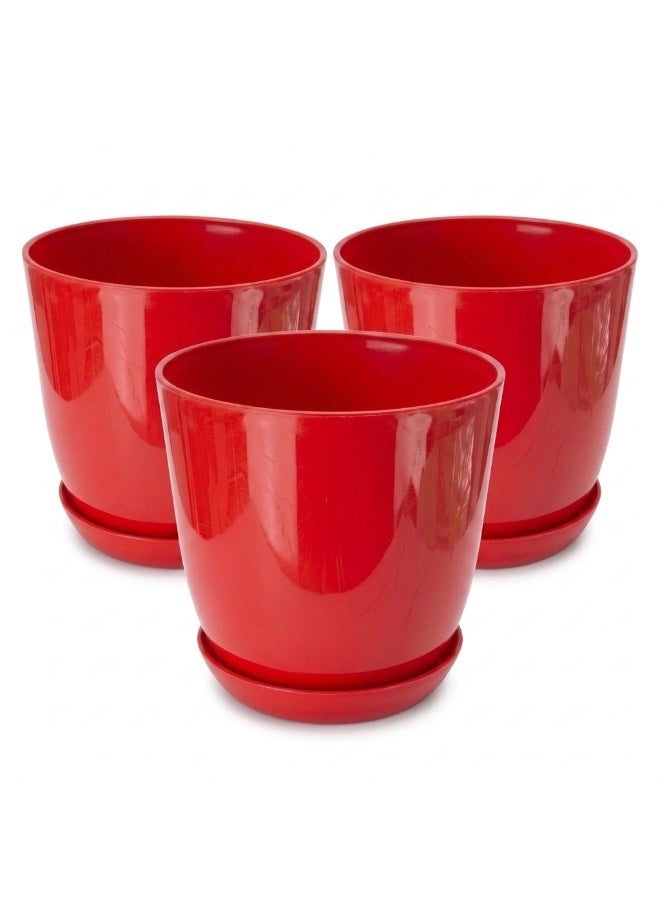 Set of 3 Glossy Plastic Plant Pots with Saucers, Red, 15 cm - Image 1