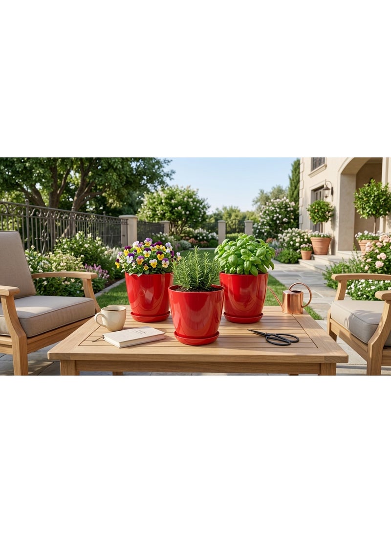 Set of 3 Glossy Plastic Plant Pots with Saucers, Red, 15 cm - Image 3