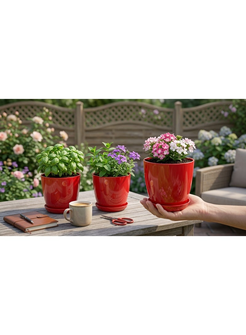 Set of 3 Glossy Plastic Plant Pots with Saucers, Red, 15 cm - Image 5