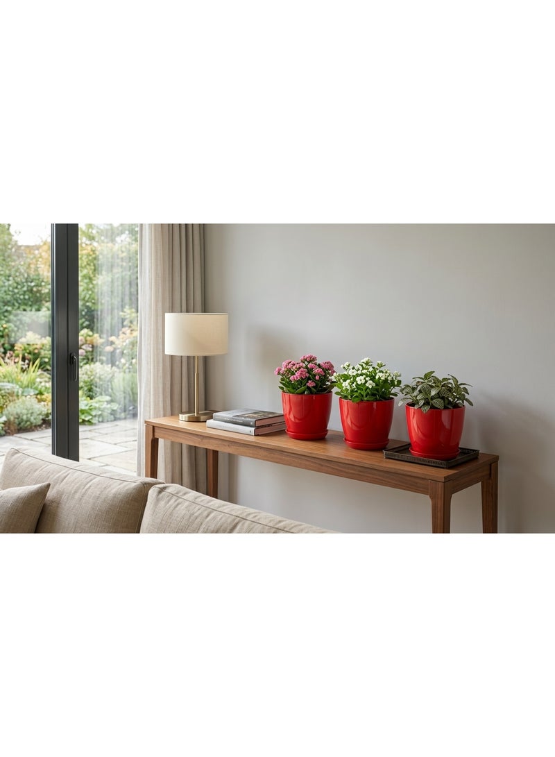 Set of 3 Glossy Plastic Plant Pots with Saucers, Red, 15 cm - Image 4