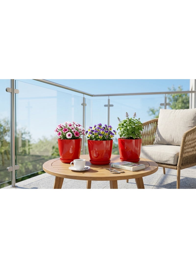 Set of 3 Glossy Plastic Plant Pots with Saucers, Red, 15 cm - Image 2