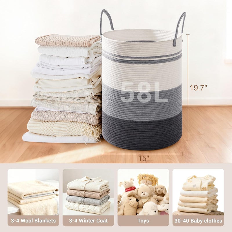 SunNewt Tall Laundry Basket with Handles, 58L Portable Dirty Clothes Hamper, Boho Cotton Rope Storage Bin for Blankets Kids Toys Gifts, Decorative Organizer for Nursery Bedroom Bathroom, Grey Striped - Image 2