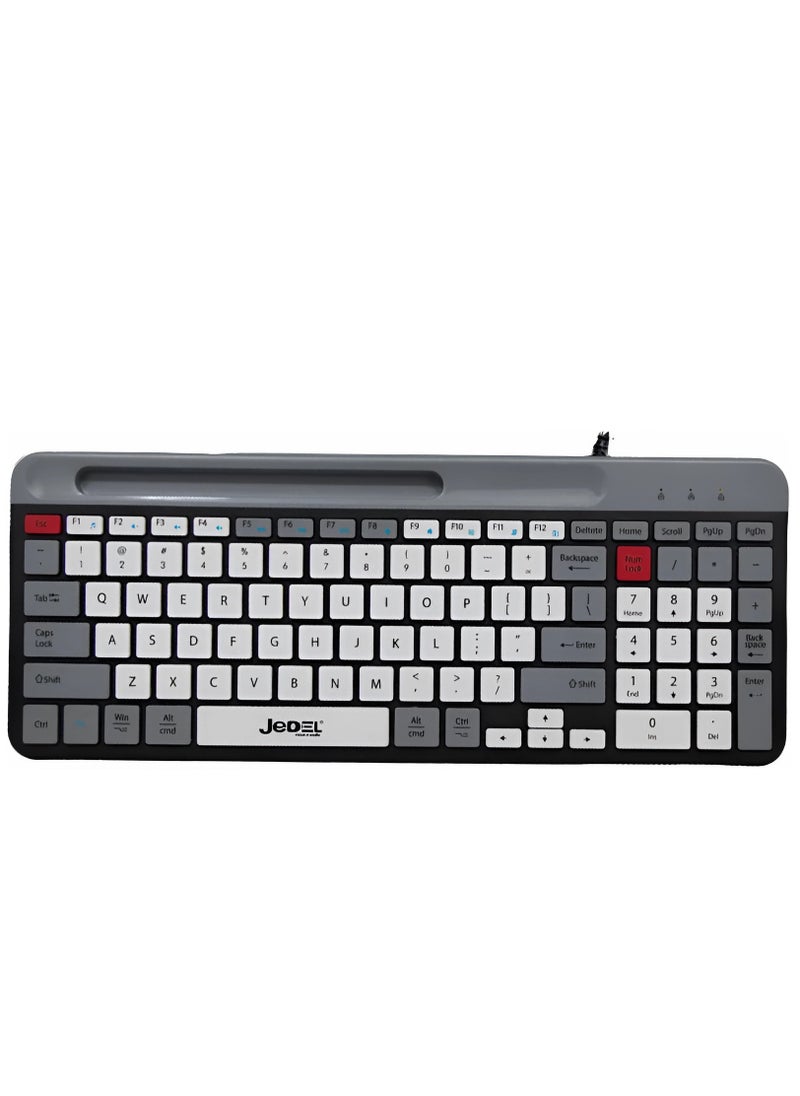 JeDEL Wired Slim Chocolate Office Keyboard With Mobilephone Holder K37 , for computer and lap top Full size with 100 Keys , cable USB Speed interface , adjustable height in to give comfort to the hand while working . It can be used at home, office and personal use.  - Image 1