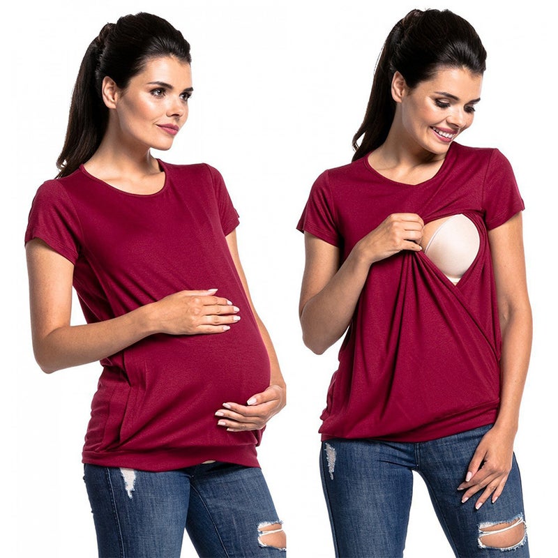New Round Neck Short Sleeve Maternity Fashion Breastfeeding T-Shirt - Image 4