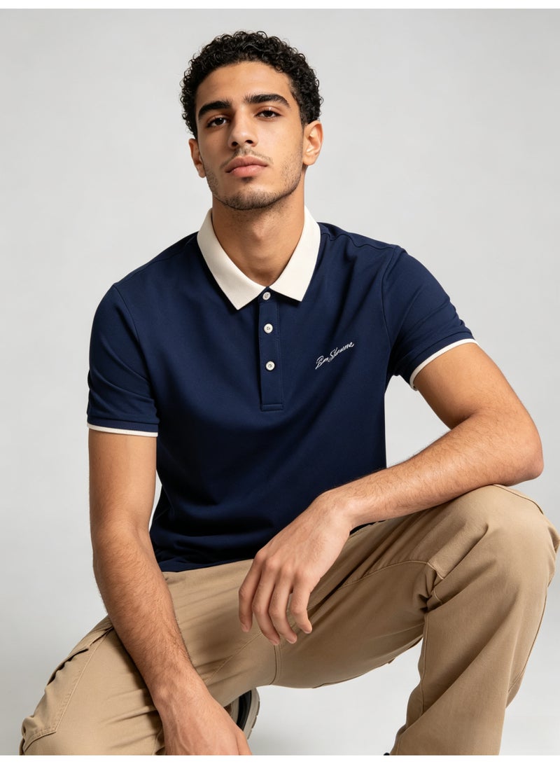 بين شيرمان Ben Sherman Men’s Navy Contrast White Collar Embroidered Short Sleeve Polo Shirt - Image 3