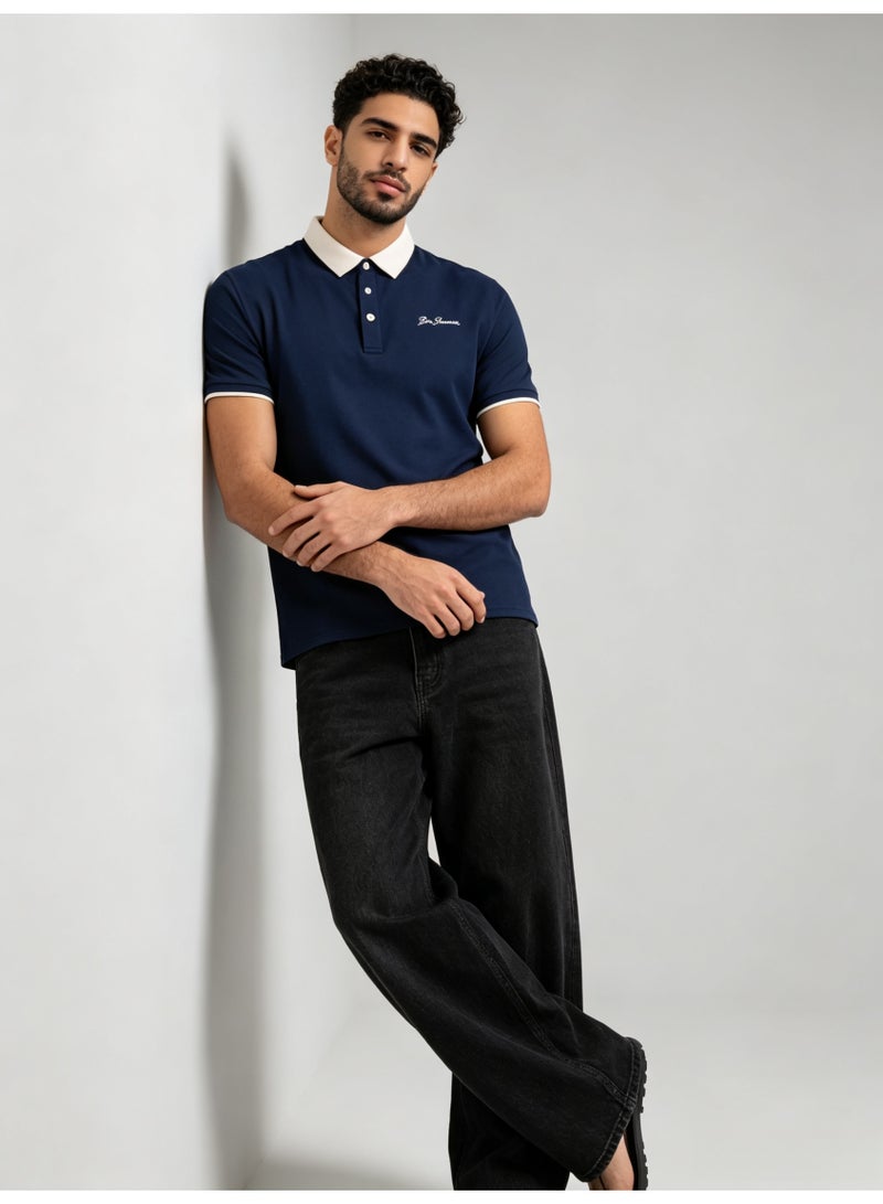 بين شيرمان Ben Sherman Men’s Navy Contrast White Collar Embroidered Short Sleeve Polo Shirt - Image 4