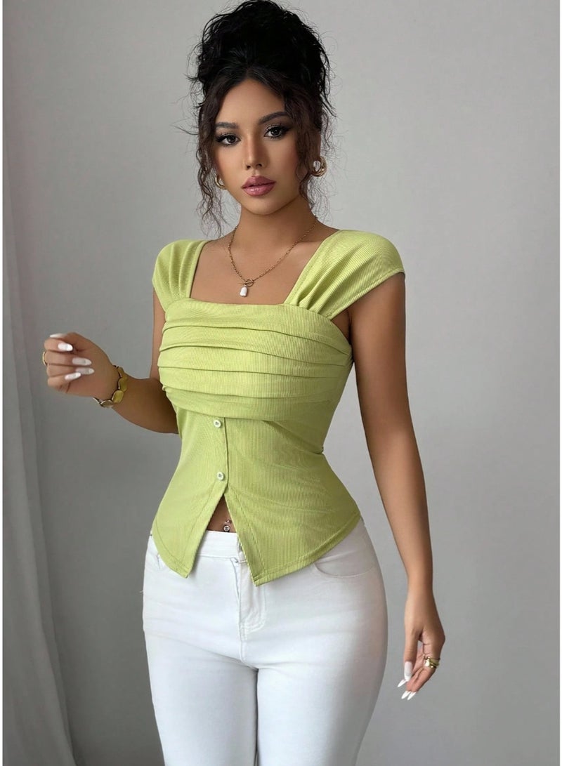 SHEINWomen's Vintage Ruffled Square Neck Fitted Cap Sleeve Top, Suitable For Holida - Image 4