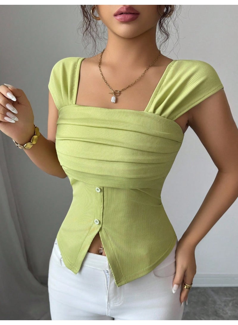 SHEINWomen's Vintage Ruffled Square Neck Fitted Cap Sleeve Top, Suitable For Holida - Image 5