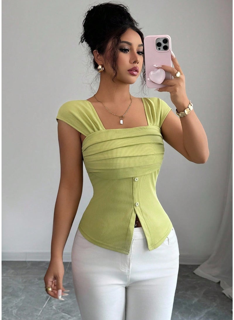 SHEINWomen's Vintage Ruffled Square Neck Fitted Cap Sleeve Top, Suitable For Holida - Image 3