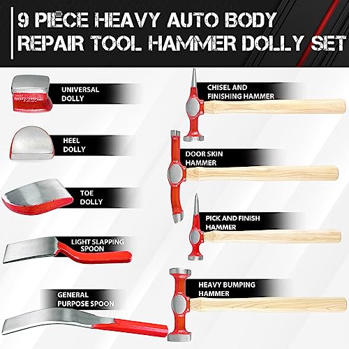 ct C&T 9 Piece Heavy Auto Body Repair Tool Hammer Dolly Set, Car Body Repair Tool Kit with Carrying Case, Hickory Handles,Fender Repair kit - Image 4