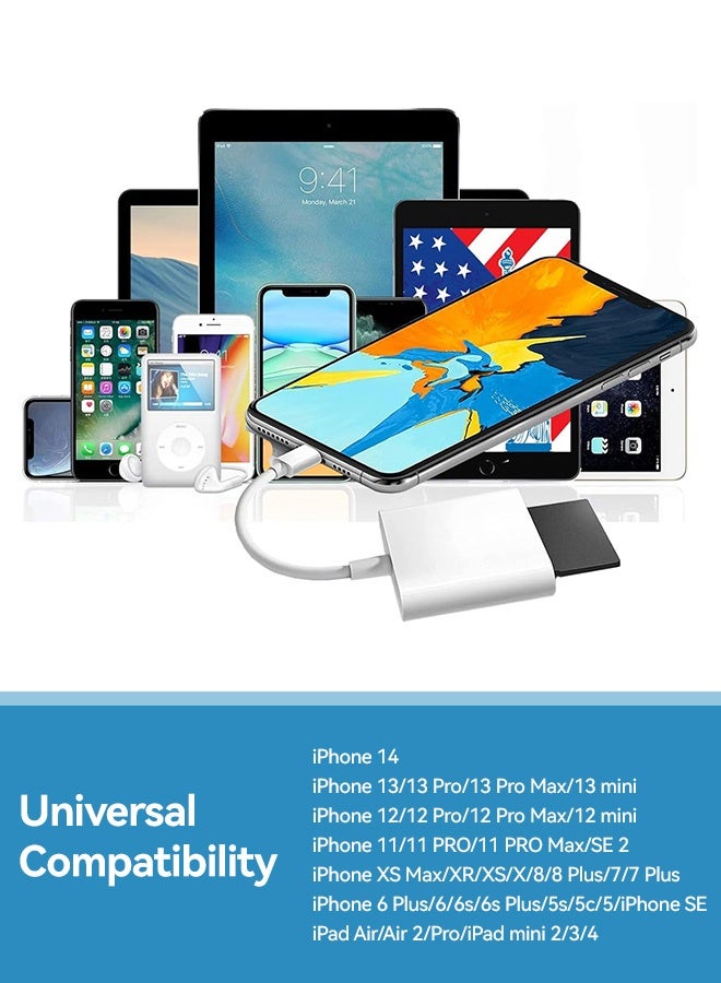 بشكل مختصر قارئ بطاقات SD لأجهزة iPhone/iPad، 2 في 1، فتحتان مزدوجتان Lightning إلى SD/TF، محول قارئ بطاقات ذاكرة الكاميرا لأجهزة iPhone 14/13/12/11/X/XS/XR/8/7 iPad، نقل سريع للصور ومقاطع الفيديو - Image 5