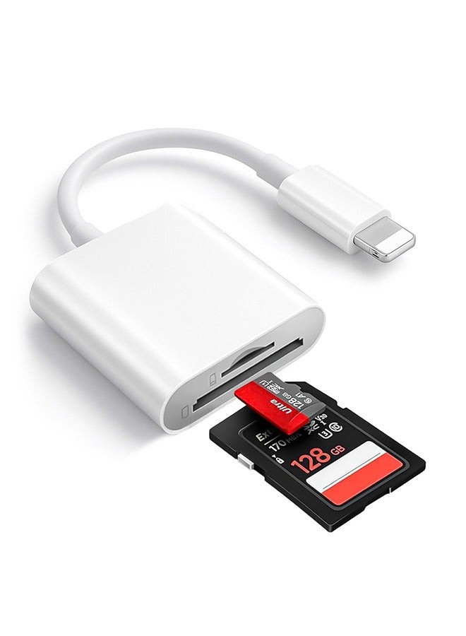 بشكل مختصر قارئ بطاقات SD لأجهزة iPhone/iPad، 2 في 1، فتحتان مزدوجتان Lightning إلى SD/TF، محول قارئ بطاقات ذاكرة الكاميرا لأجهزة iPhone 14/13/12/11/X/XS/XR/8/7 iPad، نقل سريع للصور ومقاطع الفيديو - Image 1