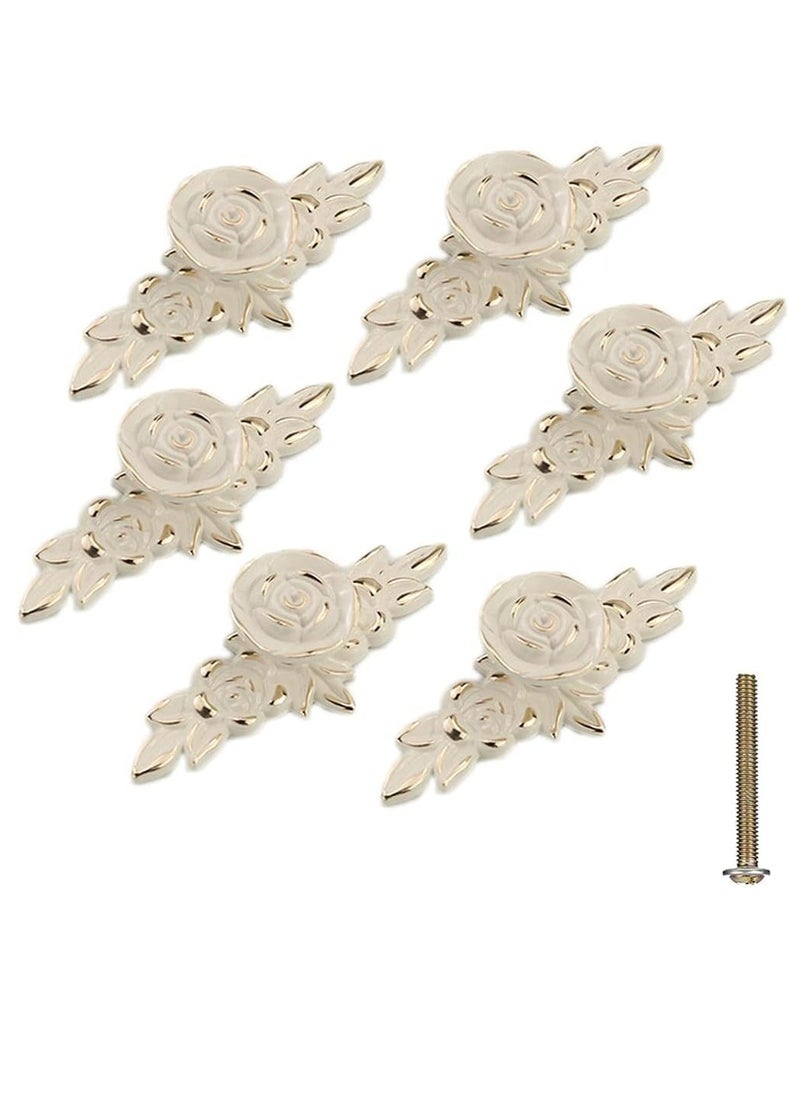 Oasisgalore 6-Pack Ivory White & Gold Edge Rose Cabinet Knobs Drawer Pull Handles with Backplate, Vintage Style  - Image 1