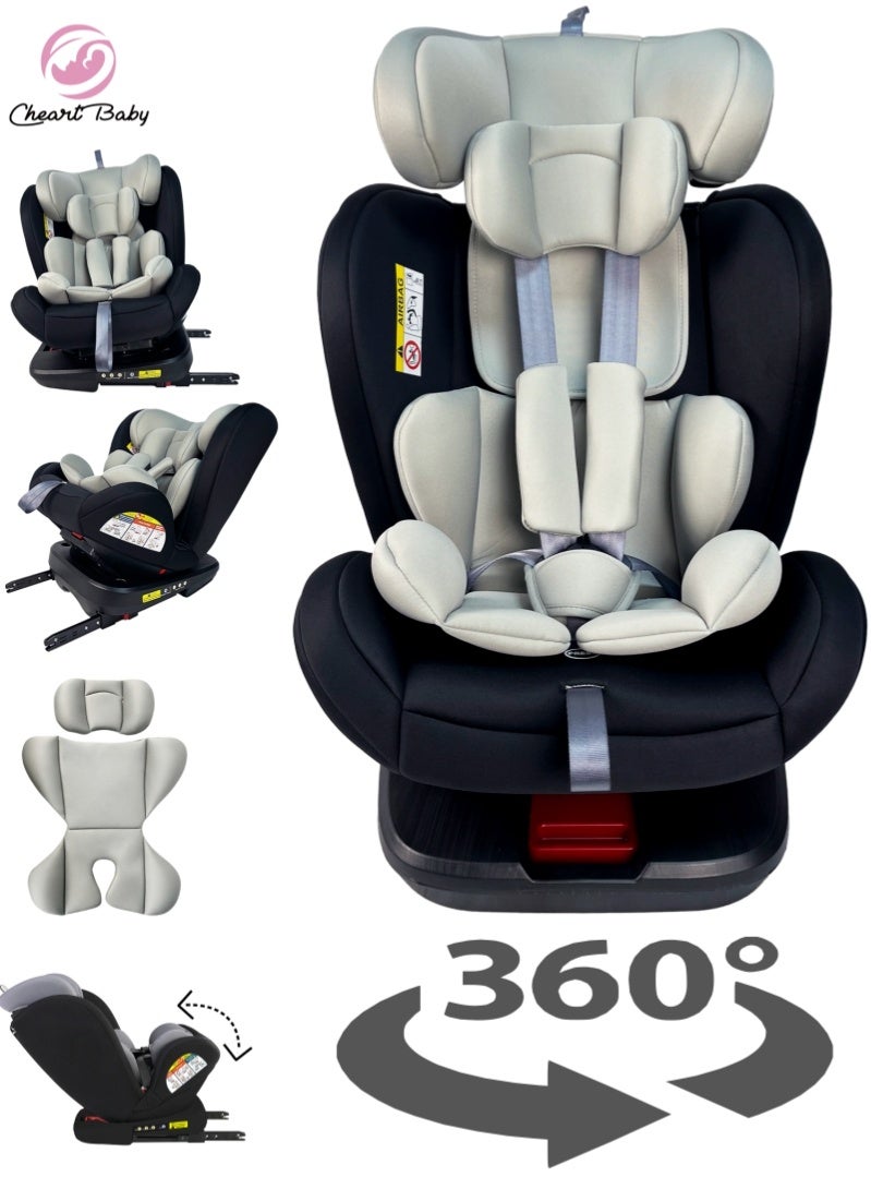 طفلي الصغير مقعد سيارة للأطفال يدور 360 درجة، مقعد سيارة للرضع، نظام قفل ISOFIX، مسند رأس قابل للتعديل في 8 أوضاع، حزام أمان سباق بخمس نقاط، قماش صديق للبيئة، مناسب للأطفال من حديثي الولادة إلى 12 عامًا، أسود مع رمادي - Image 1