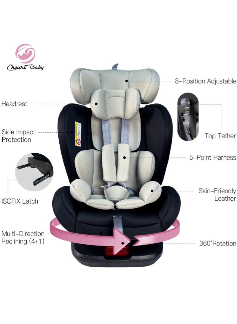 طفلي الصغير مقعد سيارة للأطفال يدور 360 درجة، مقعد سيارة للرضع، نظام قفل ISOFIX، مسند رأس قابل للتعديل في 8 أوضاع، حزام أمان سباق بخمس نقاط، قماش صديق للبيئة، مناسب للأطفال من حديثي الولادة إلى 12 عامًا، أسود مع رمادي - Image 4