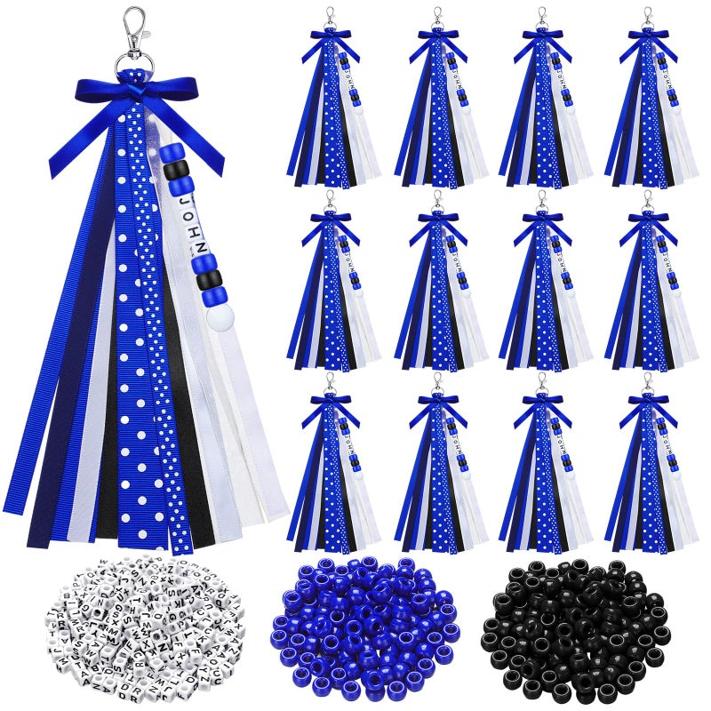 Nosiny 12 Pcs Cheer Keychains Cheerleader Gifts for Team Personalized DIY Bead Ribbon Keychain Kit Cheer Bag Tags for Women(Blue, Black) - Image 1