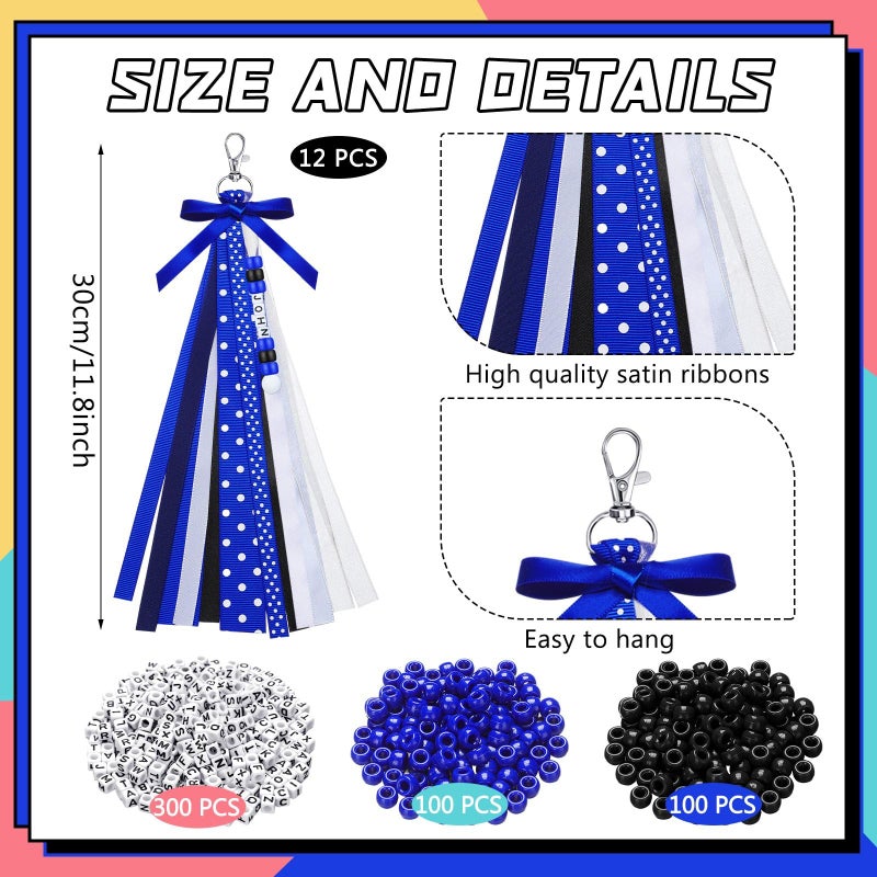 Nosiny 12 Pcs Cheer Keychains Cheerleader Gifts for Team Personalized DIY Bead Ribbon Keychain Kit Cheer Bag Tags for Women(Blue, Black) - Image 2