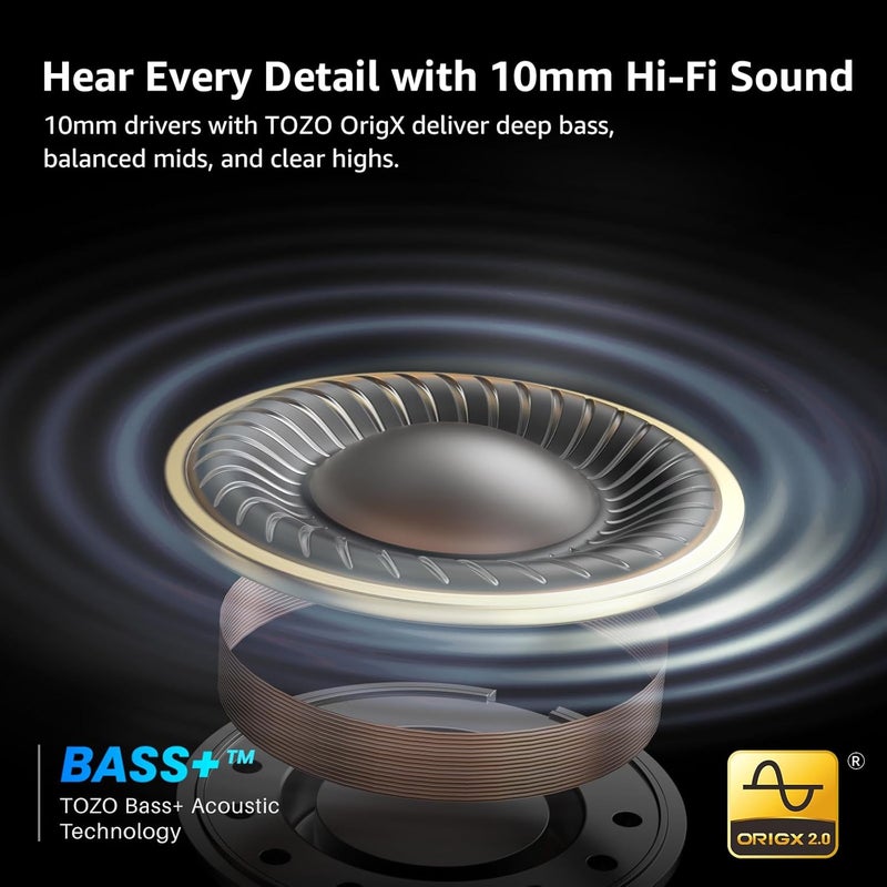 TOZO Hybrid Active Noise Cancelling Wireless Earbuds, Bluetooth 5.4 Headphones, 10mm Drivers Deep Bass Stereo Sound, 4 Mics ENC AI Clear Calls, 32 EQ Customization via App, Crystal Case Design - Image 4