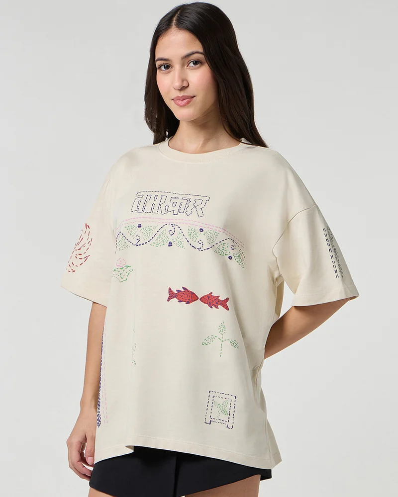 bewakoof Heavy Duty 1.0 Women's Beige Namaskar Graphic Printed Oversized T-shirt