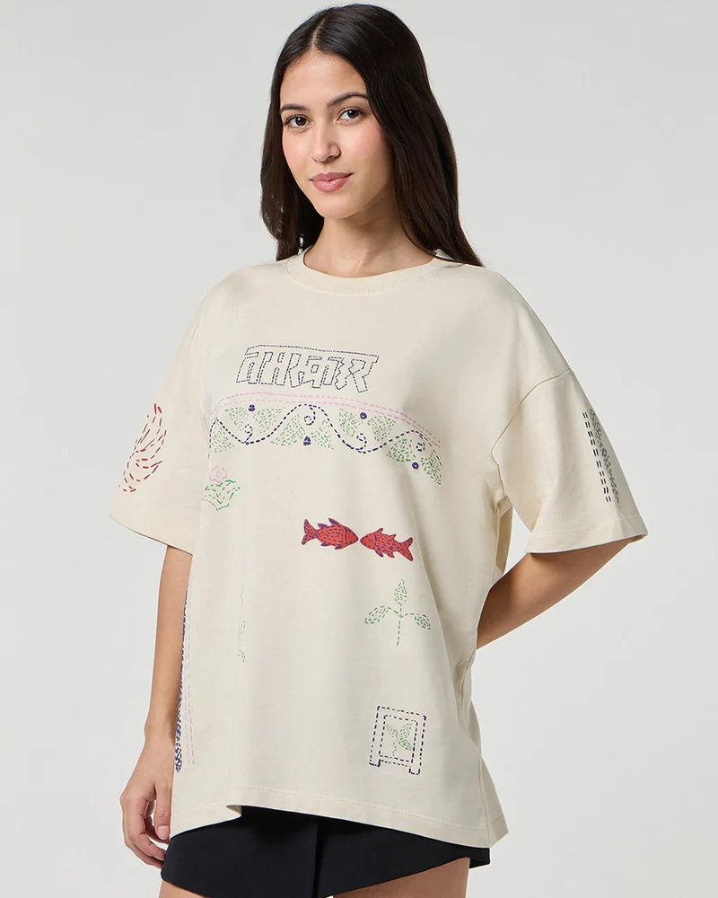 bewakoof Women's Beige Namaskar Graphic Printed Oversized T-shirt