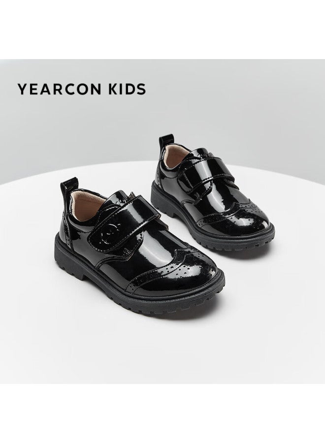 YEARCON Yierkang Children's Shoes, Summer Boys' Leather Shoes, Fashionable Brogue Carved Shiny Gentleman Performance Shoes, Kids' Shoes, Black, Size 37 - Image 1