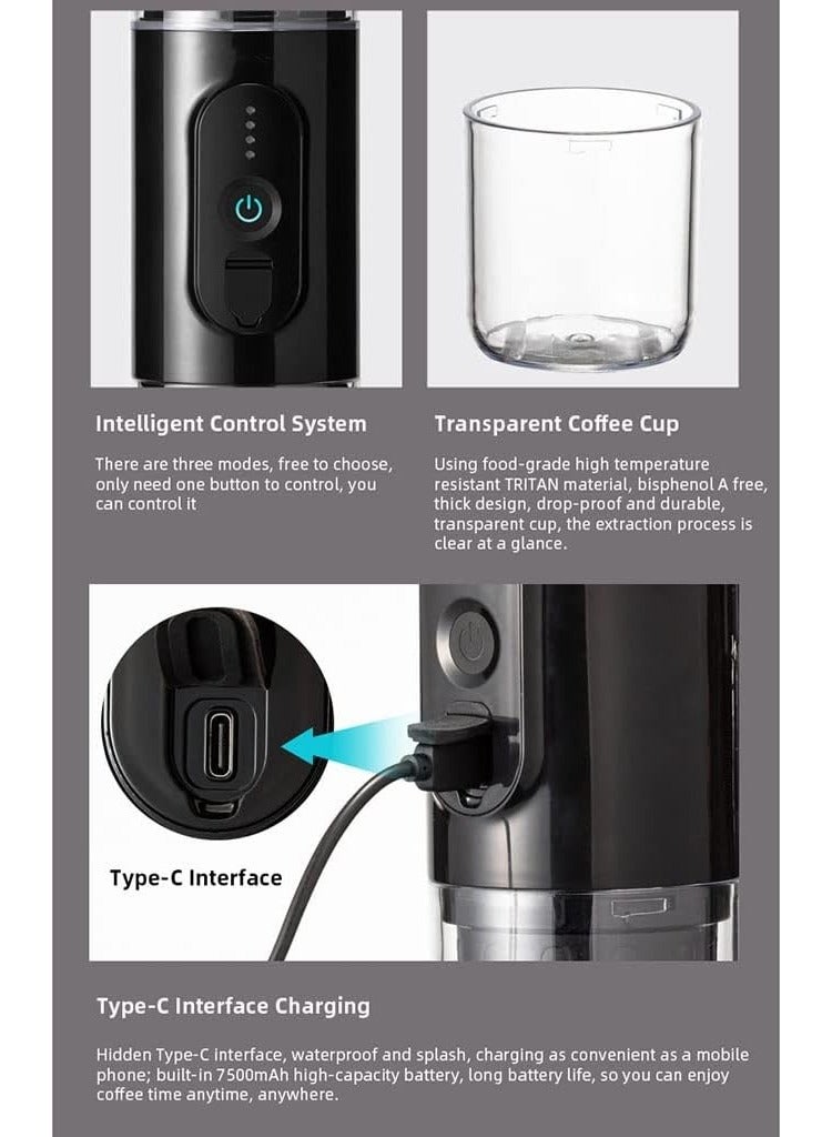 Mini Espresso Portable Coffee Maker Built-in Battery, manually operated Portable Espresso Maker Small capsule coffee machine for Travel, Camping, Office-Black