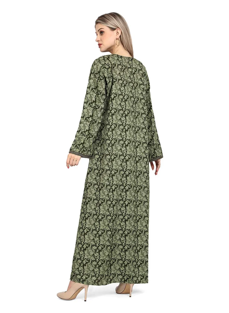 هانا آند سارا فستان جلابية مطرز ومطبع باللون الأخضر كاجوال قفطان عربي