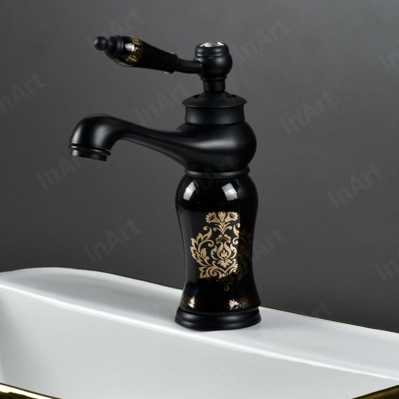 InArt Black Glossy Finish Basin Pillar Cock Tap Faucet for Wash Basin, Hot & Cold Water Mixer, Single Handle, Waterfall Design, Table Mount/Deck Mount (Black) Zinc - Image 3