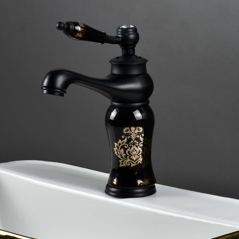 InArt Black Glossy Finish Basin Pillar Cock Tap Faucet for Wash Basin, Hot & Cold Water Mixer, Single Handle, Waterfall Design, Table Mount/Deck Mount (Black) Zinc - Image 1