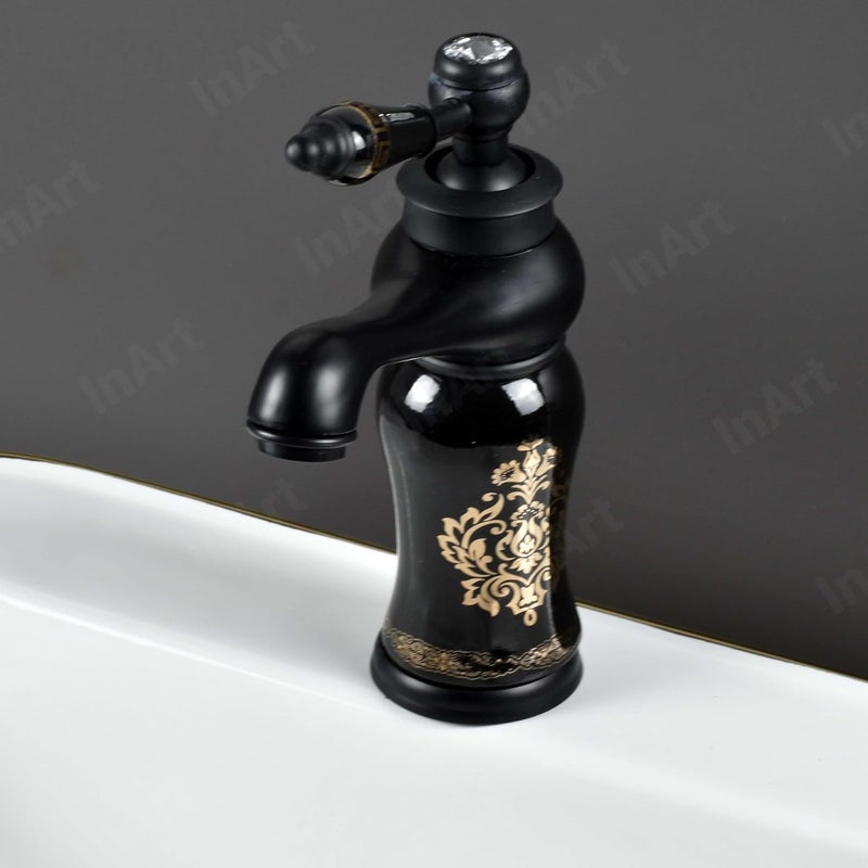 InArt Black Glossy Finish Basin Pillar Cock Tap Faucet for Wash Basin, Hot & Cold Water Mixer, Single Handle, Waterfall Design, Table Mount/Deck Mount (Black) Zinc - Image 4