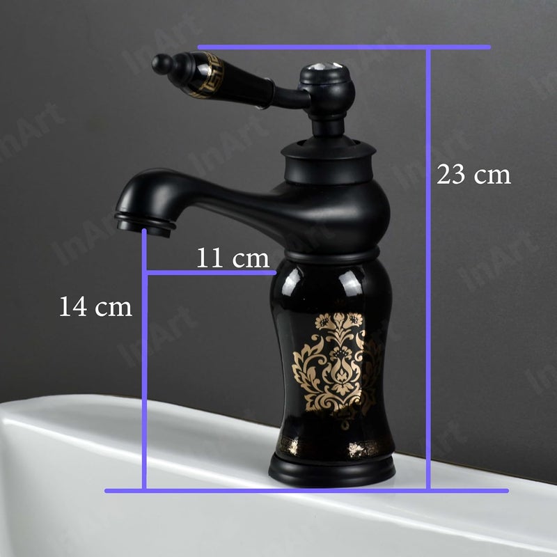 InArt Black Glossy Finish Basin Pillar Cock Tap Faucet for Wash Basin, Hot & Cold Water Mixer, Single Handle, Waterfall Design, Table Mount/Deck Mount (Black) Zinc - Image 2