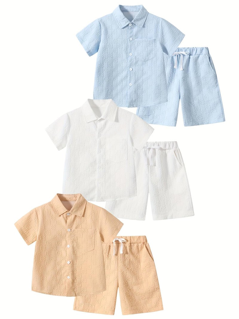 Fdqin Boys 6 Pieces Summer Beach Outfits Short Sleeve Button Down Shirts and Shorts Vacation Texture Sets for Kids White/blue/Khaki 4-5 Years - Image 1
