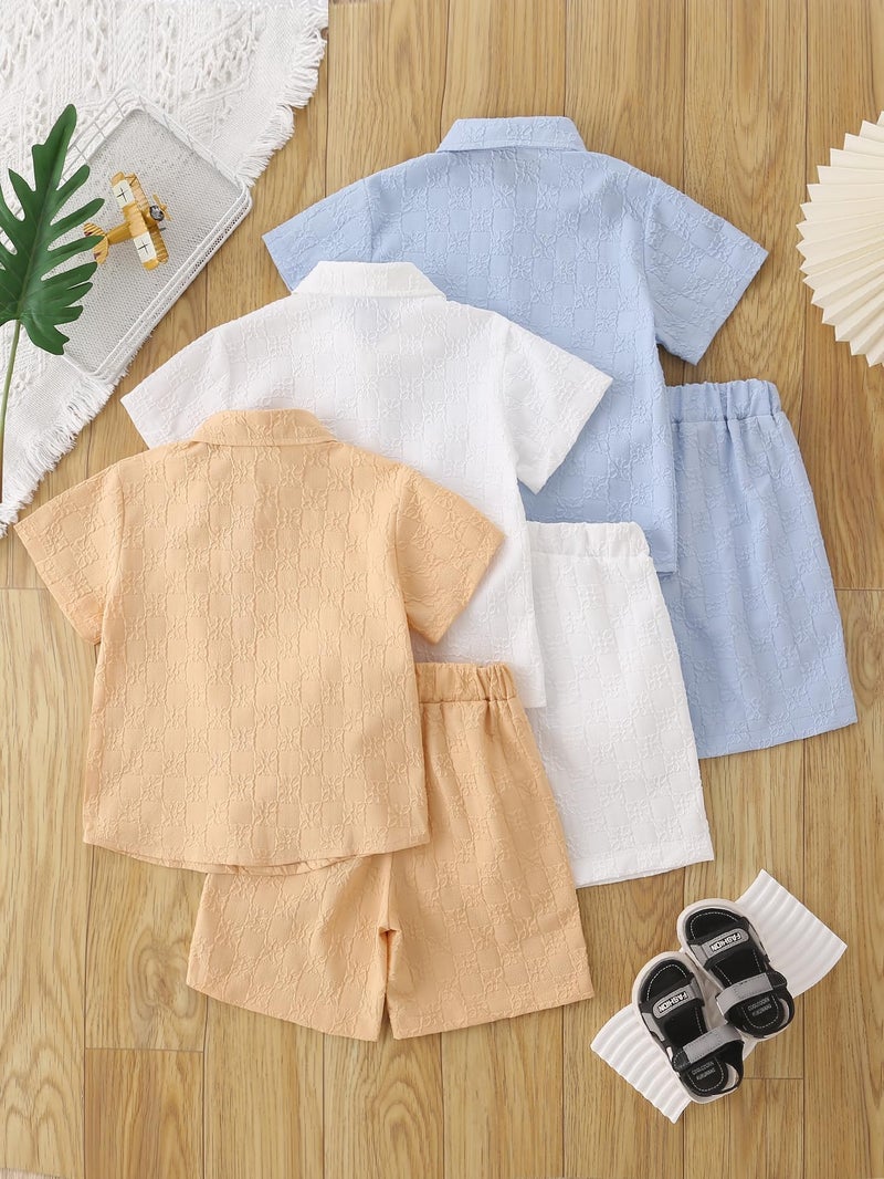 Fdqin Boys 6 Pieces Summer Beach Outfits Short Sleeve Button Down Shirts and Shorts Vacation Texture Sets for Kids White/blue/Khaki 4-5 Years - Image 2